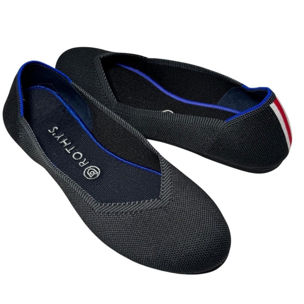 Rothy's The Flat Round Toe Ballet  Black w Red/White Racing Stripe 10.5 Retired